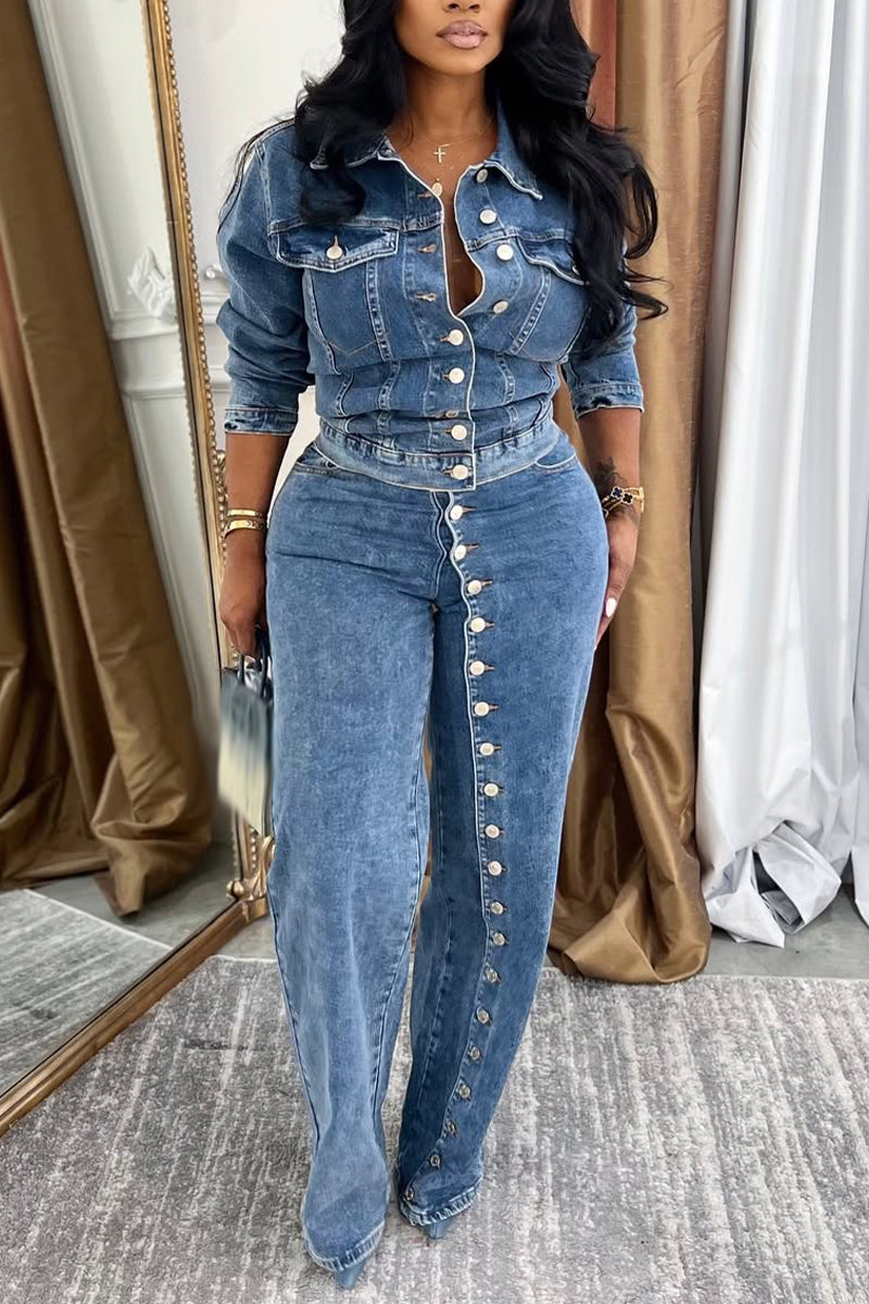 Women Collar and Buckle Splicing Casual Denim Suit