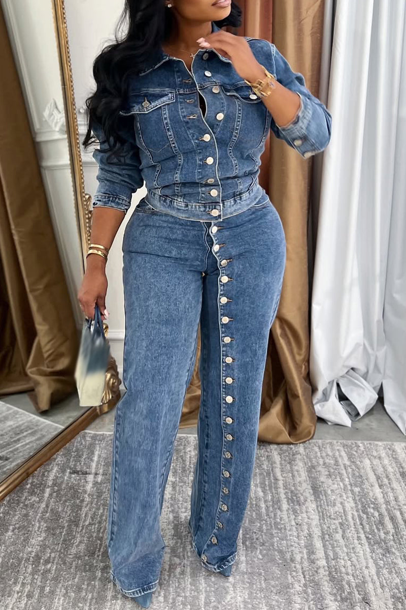 Women Collar and Buckle Splicing Casual Denim Suit