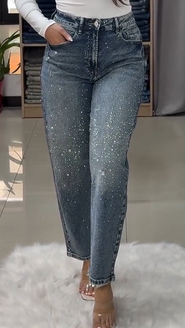 Women Rhinestone Washed Casual Jeans