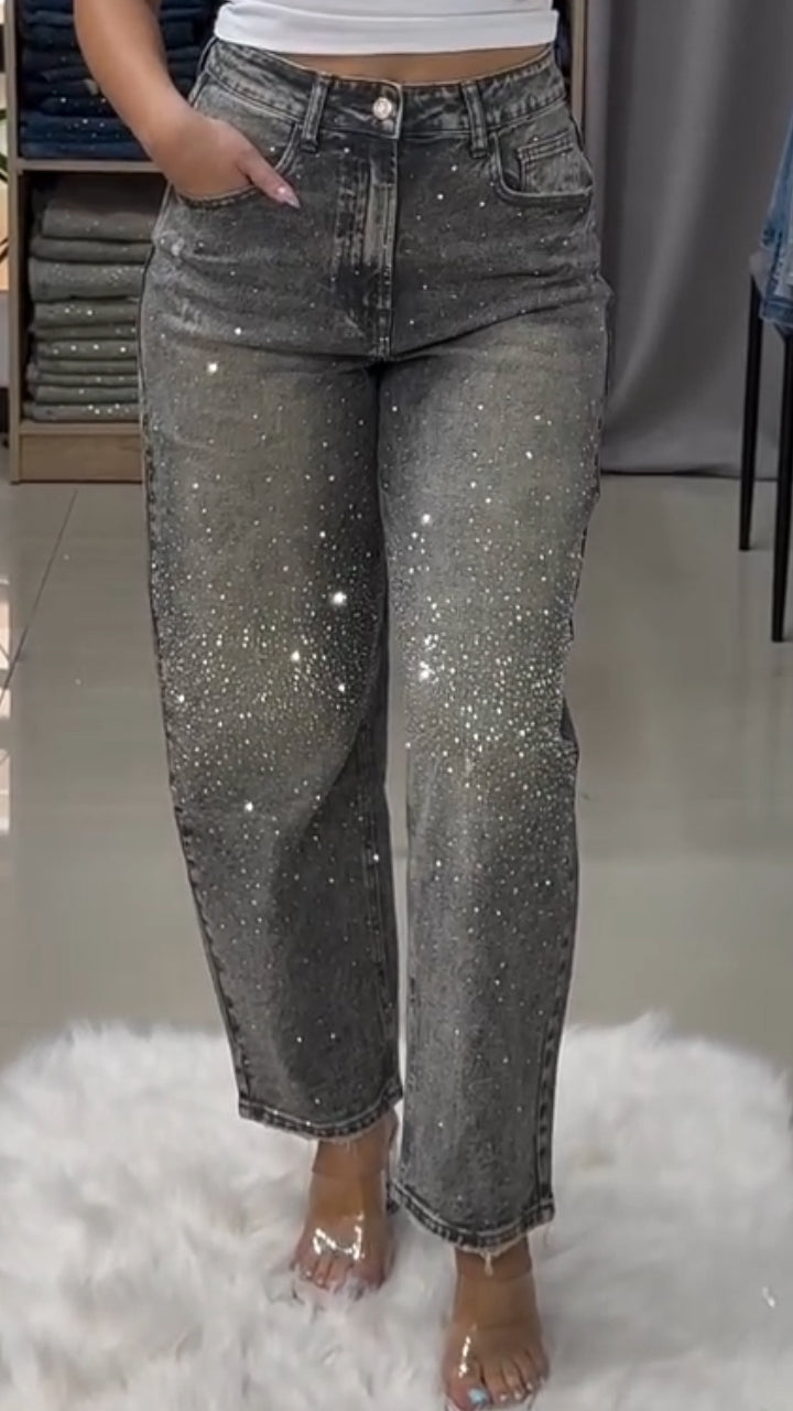Women Rhinestone Washed Casual Jeans