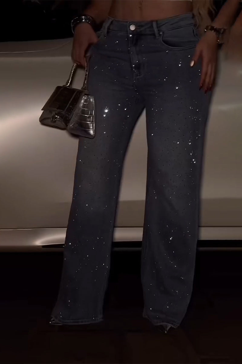Women Hot Rhinestone and Washed Casual Jeans