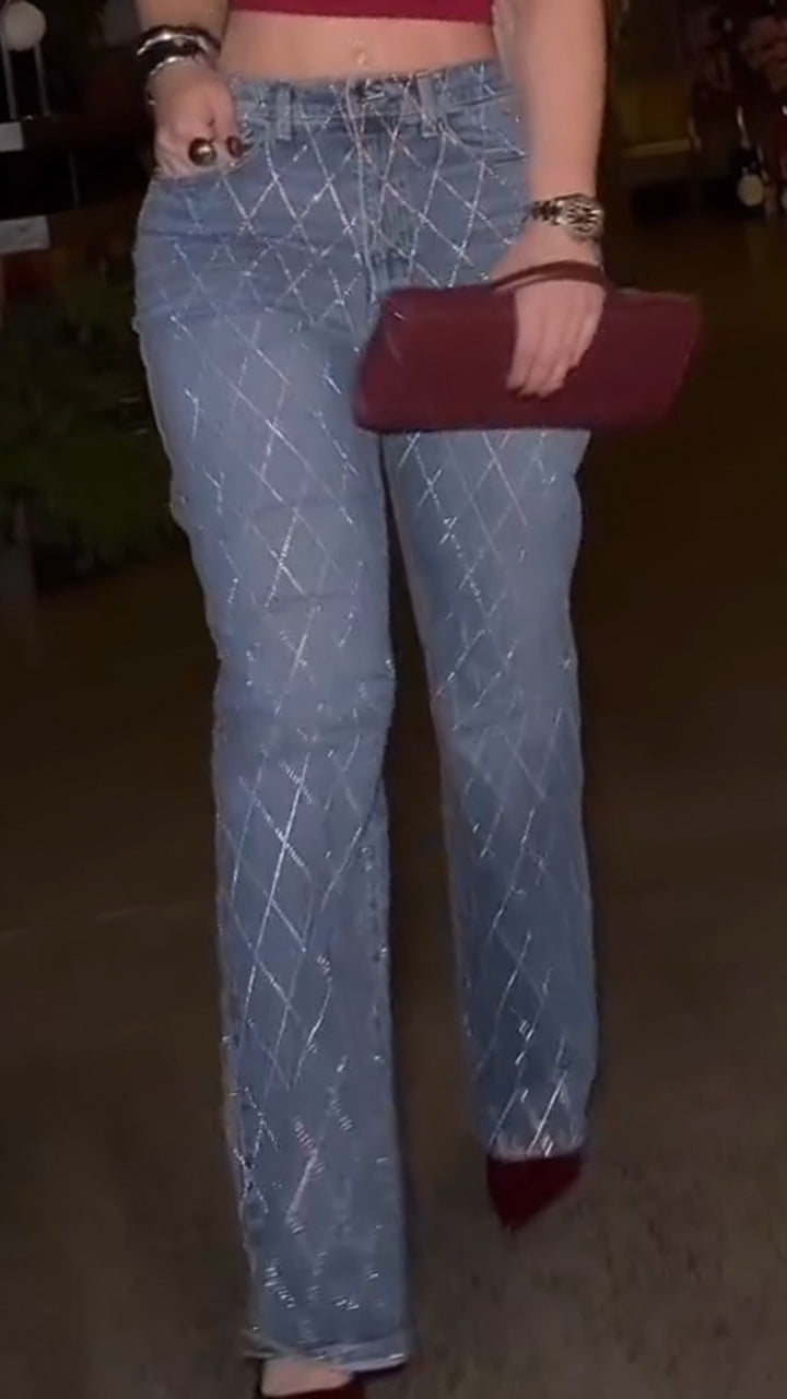 Women Hot Diamond Plaid Casual Jeans