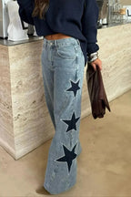 Women Patchwork Star Printed Rhinestone Casual Jeans
