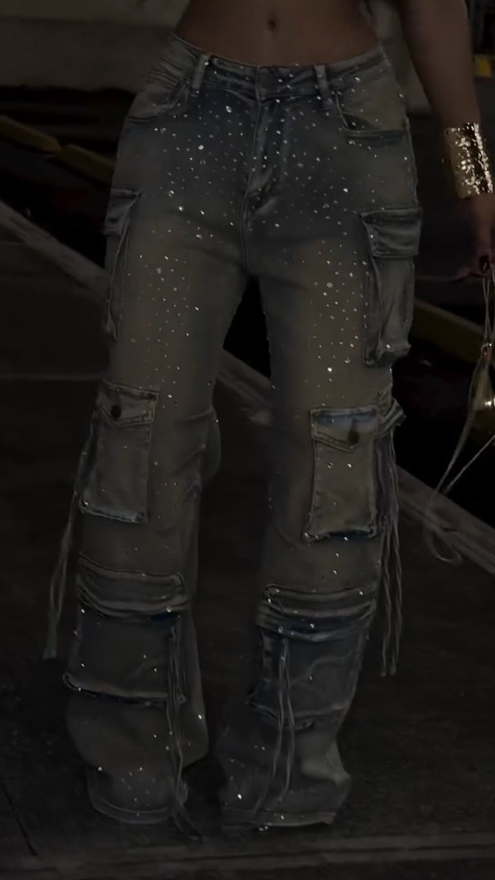 Women Patchwork Multi-pocket Hotfix Rhinestone and Washed Casual Jeans