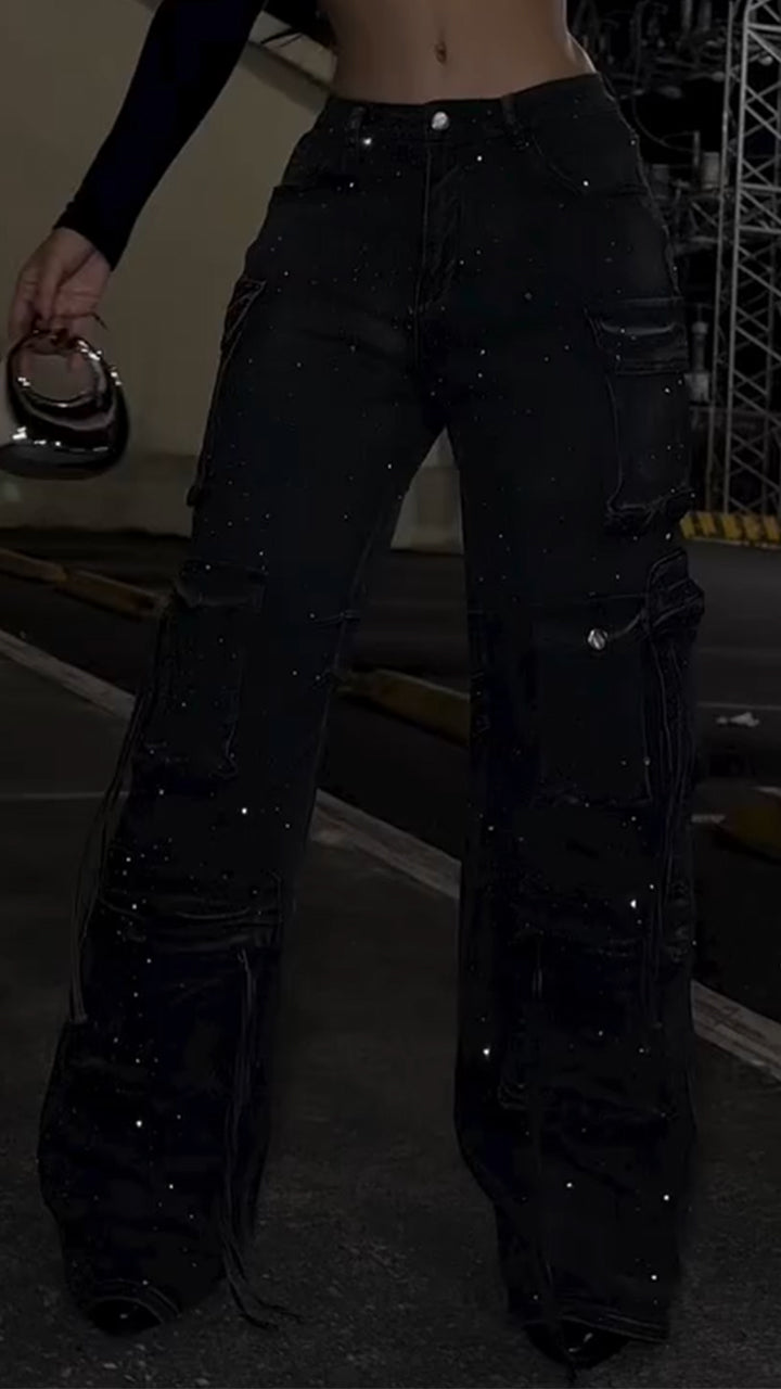 Women Patchwork Multi-pocket Hotfix Rhinestone and Washed Casual Jeans