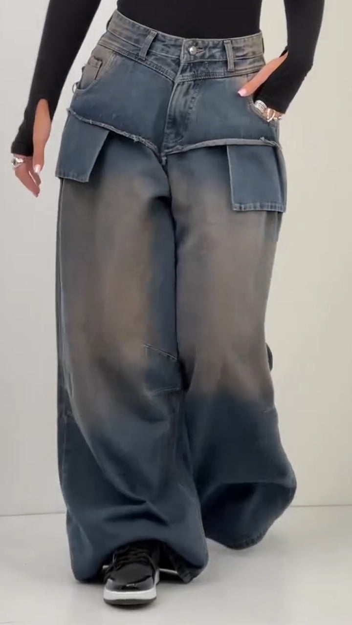Women Patchwork Washing Water Back Hanging Rope Design Casual Jeans