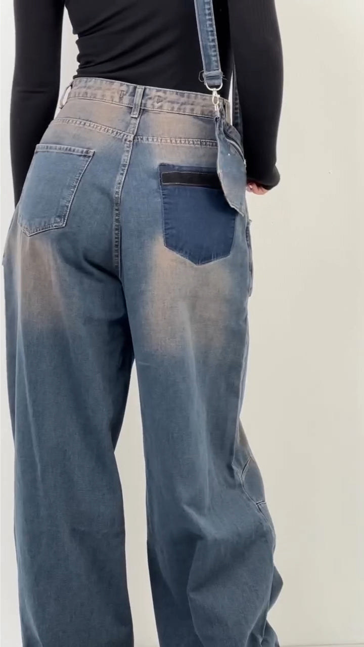 Women Patchwork Washing Water Back Hanging Rope Design Casual Jeans