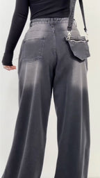 Women Patchwork Washing Water Back Hanging Rope Design Casual Jeans