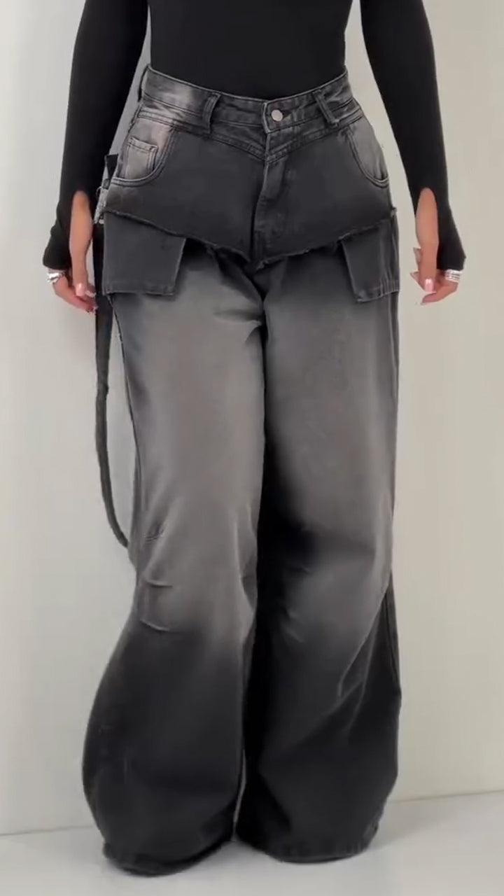 Women Patchwork Washing Water Back Hanging Rope Design Casual Jeans