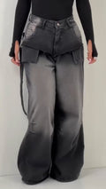 Women Patchwork Washing Water Back Hanging Rope Design Casual Jeans