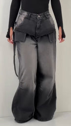 Women Patchwork Washing Water Back Hanging Rope Design Casual Jeans