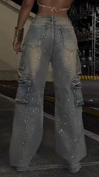 Women Patchwork Multi-pocket Hotfix Rhinestone and Washed Casual Jeans