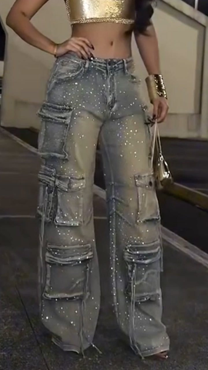 Women Patchwork Multi-pocket Hotfix Rhinestone and Washed Casual Jeans