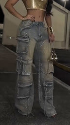 Women Patchwork Multi-pocket Hotfix Rhinestone and Washed Casual Jeans