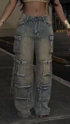 Women Patchwork Multi-pocket Hotfix Rhinestone and Washed Casual Jeans