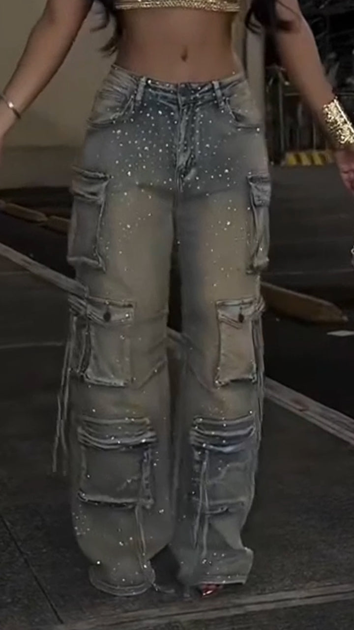 Women Patchwork Multi-pocket Hotfix Rhinestone and Washed Casual Jeans