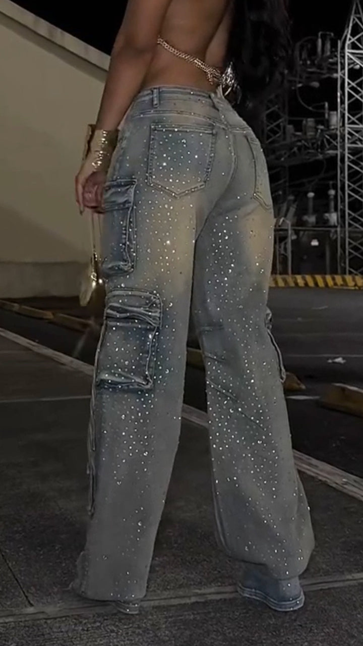 Women Patchwork Multi-pocket Hotfix Rhinestone and Washed Casual Jeans