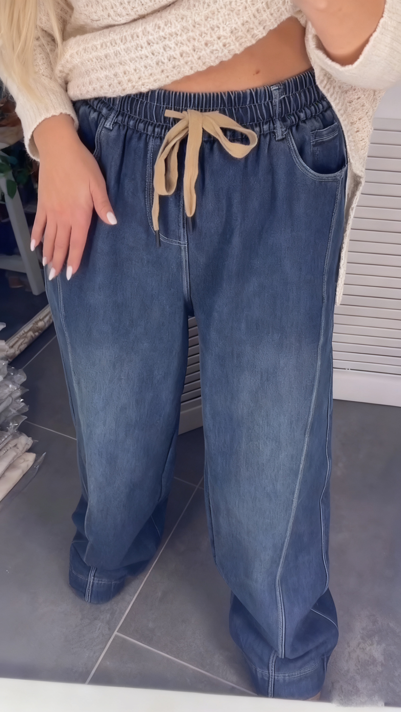 Womens Drawstring Elastic Washed Casual Jeans
