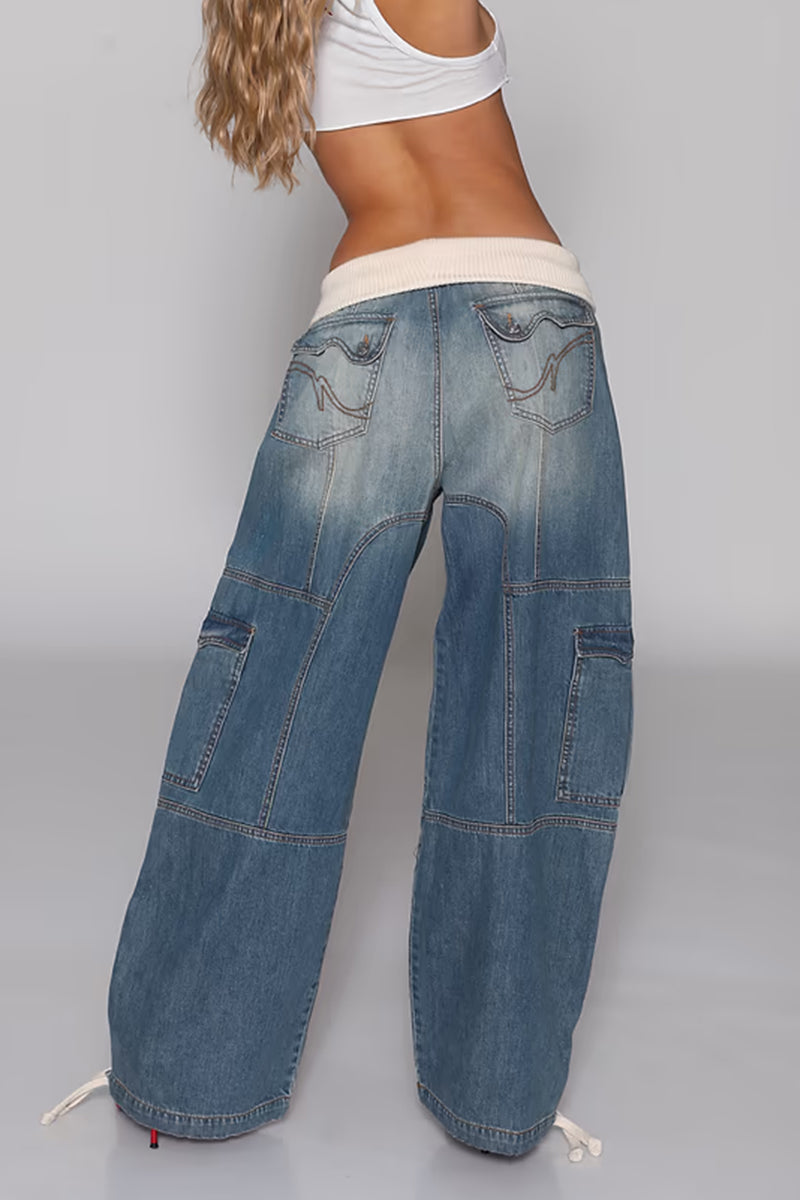 Women Patchwork Knitted Washed Casual Jeans