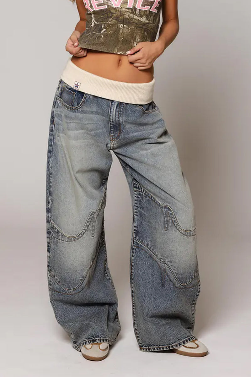 Women Patchwork Knitted Washed Casual Jeans
