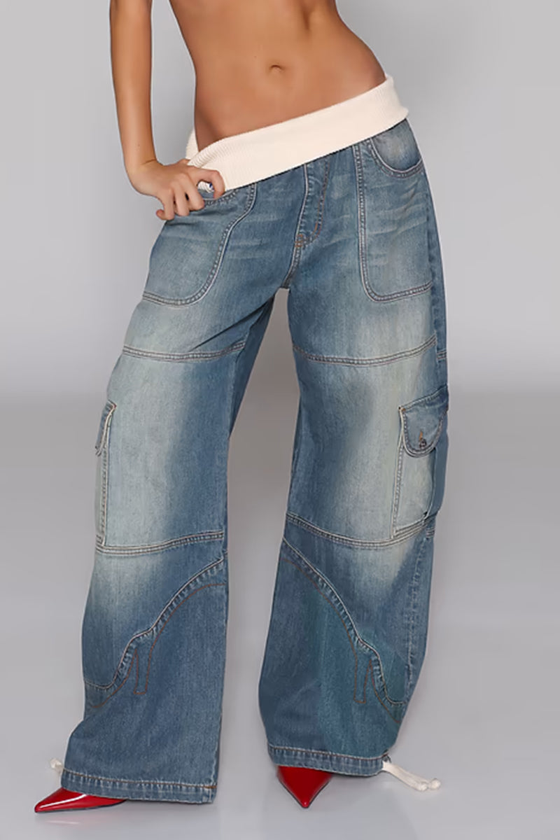 Women Patchwork Knitted Washed Casual Jeans