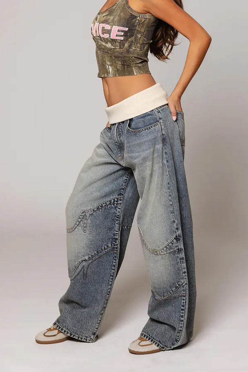 Women Patchwork Knitted Washed Casual Jeans