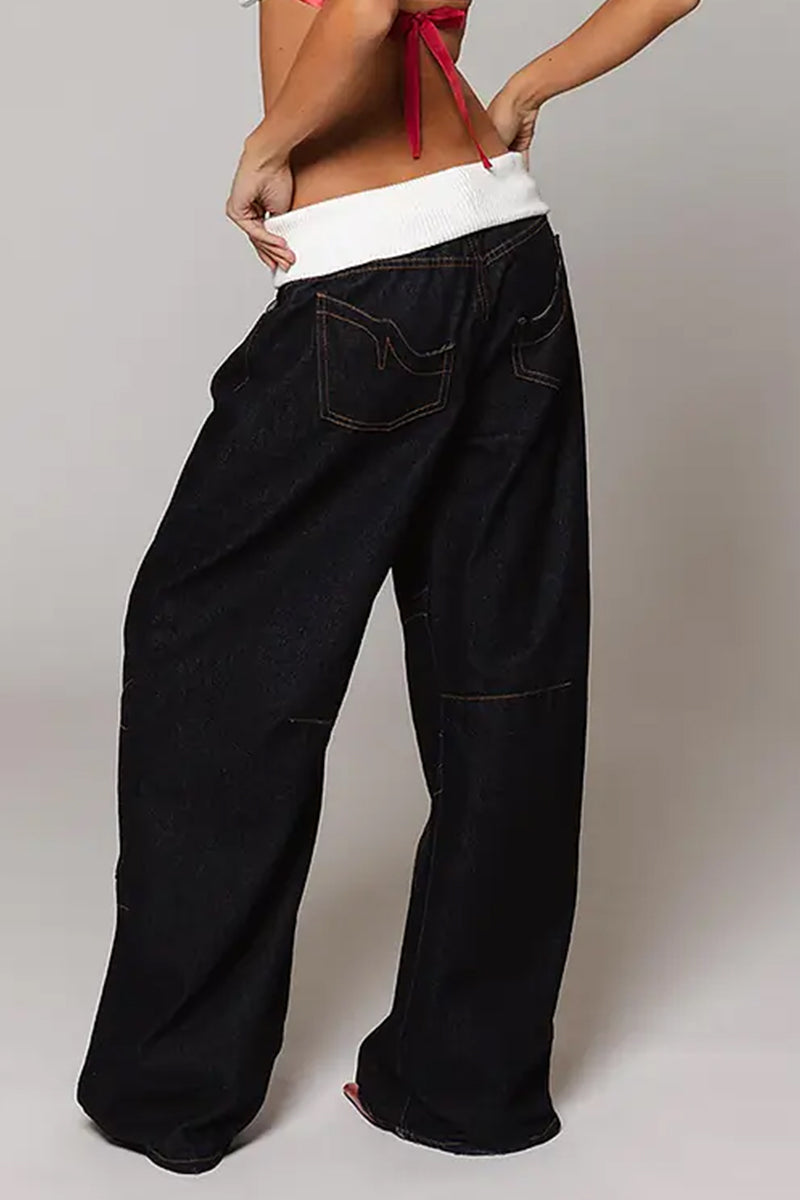 Women Patchwork Knitted Washed Casual Jeans