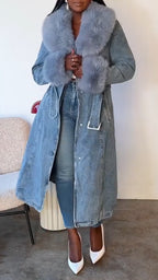 Women Fur Collar Patchwork Temperament Casual Denim Coat