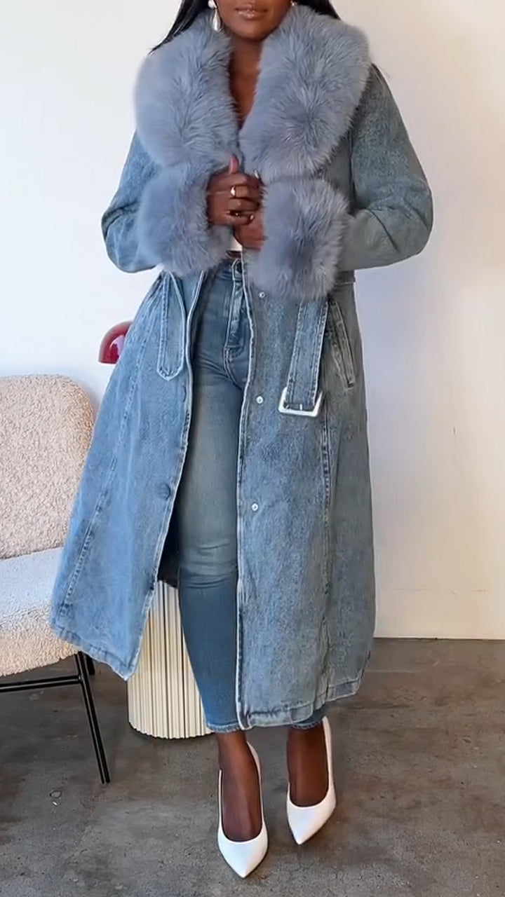 Women Fur Collar Patchwork Temperament Casual Denim Coat