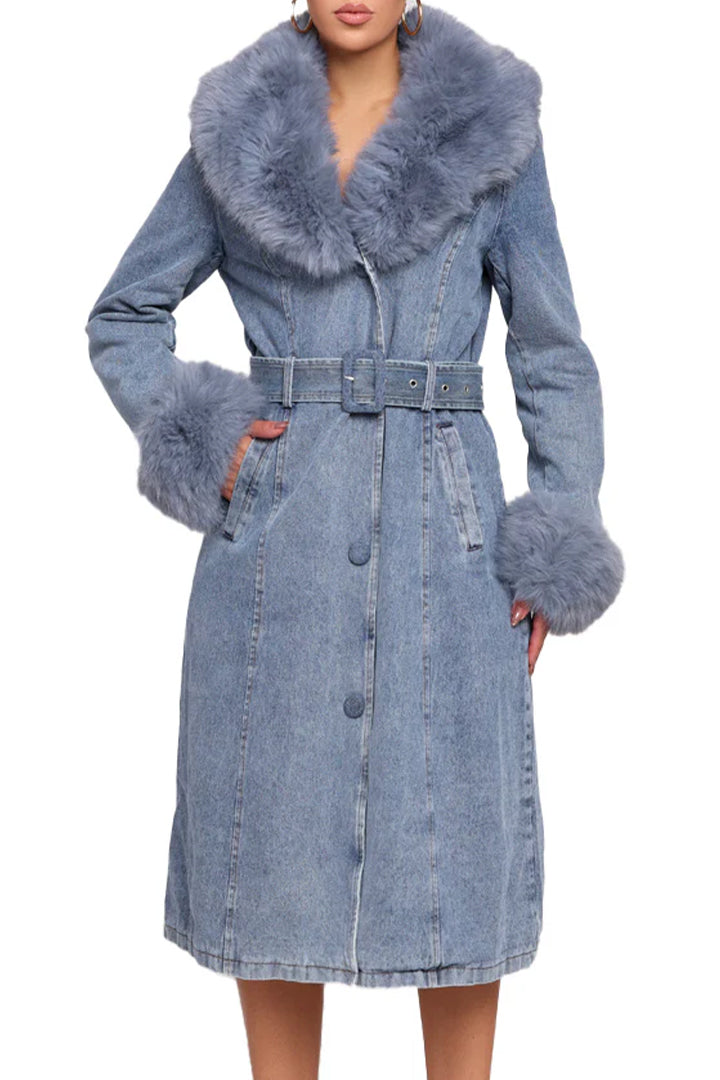 Women Fur Collar Patchwork Temperament Casual Denim Coat