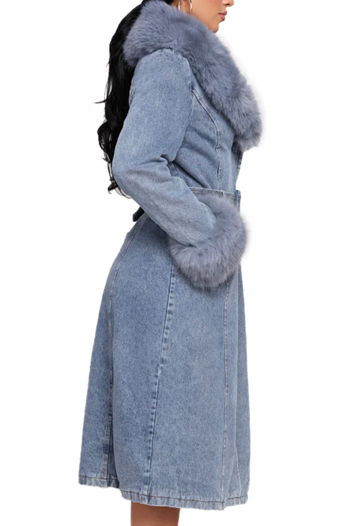 Women Fur Collar Patchwork Temperament Casual Denim Coat
