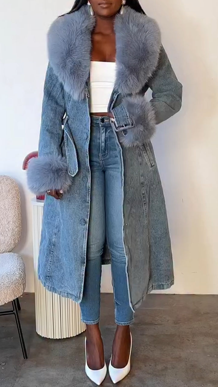 Women Fur Collar Patchwork Temperament Casual Denim Coat