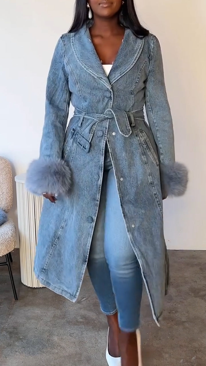 Women Fur Collar Patchwork Temperament Casual Denim Coat