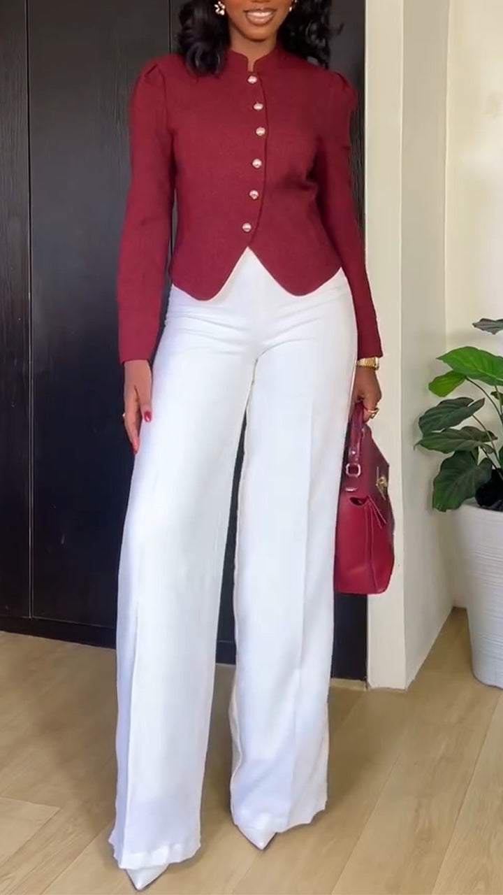 Women Round Neck Button-down Top and Trousers Temperament Casual Suit