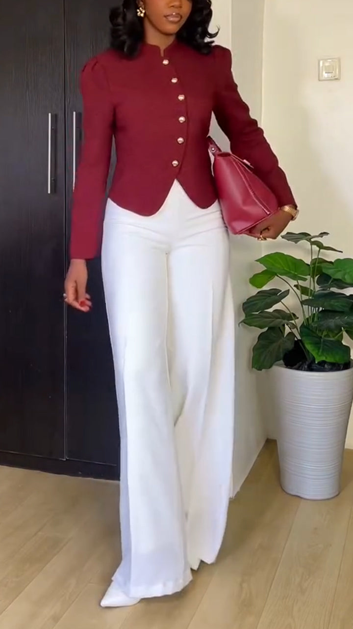 Women Round Neck Button-down Top and Trousers Temperament Casual Suit