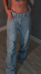 Women Rhinestone Washed Casual Jeans