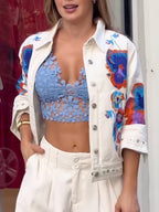 Women Collar Embroidered Flower Casual Jacket
