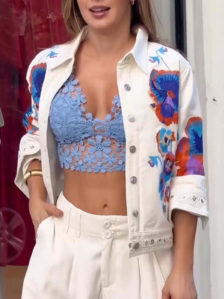 Women Collar Embroidered Flower Casual Jacket