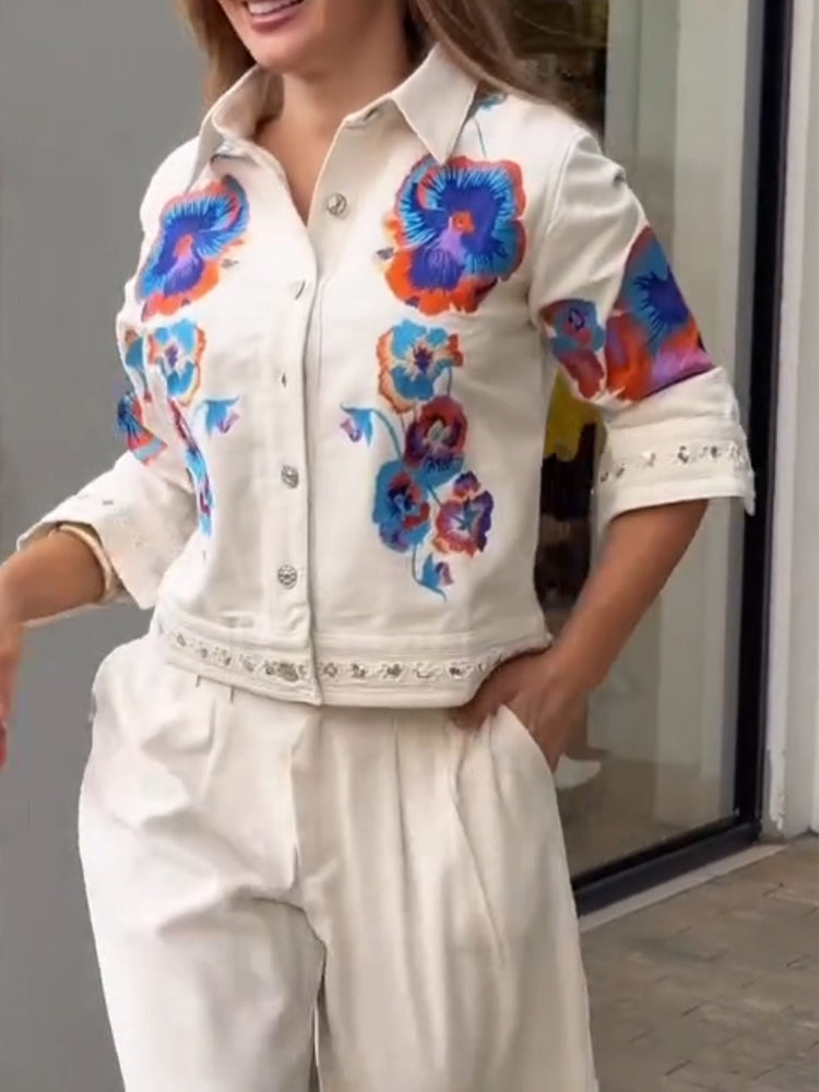 Women Collar Embroidered Flower Casual Jacket