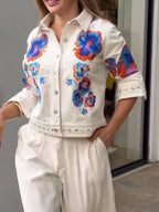 Women Collar Embroidered Flower Casual Jacket