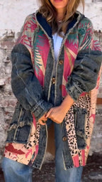 Women Hooded Printed Patchwork Denim Casual Coat