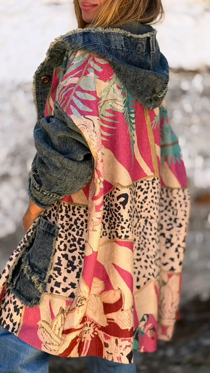 Women Hooded Printed Patchwork Denim Casual Coat