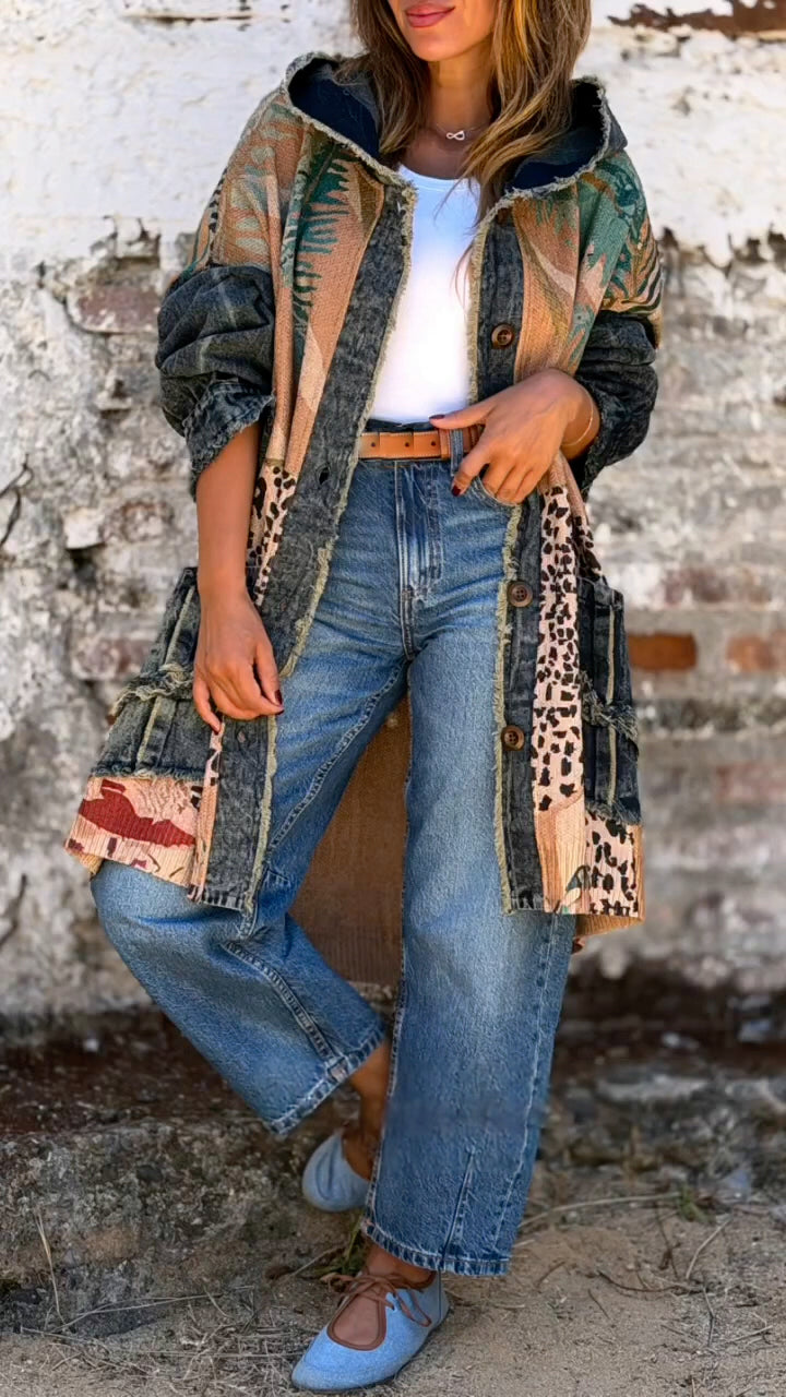 Women Hooded Printed Patchwork Denim Casual Coat
