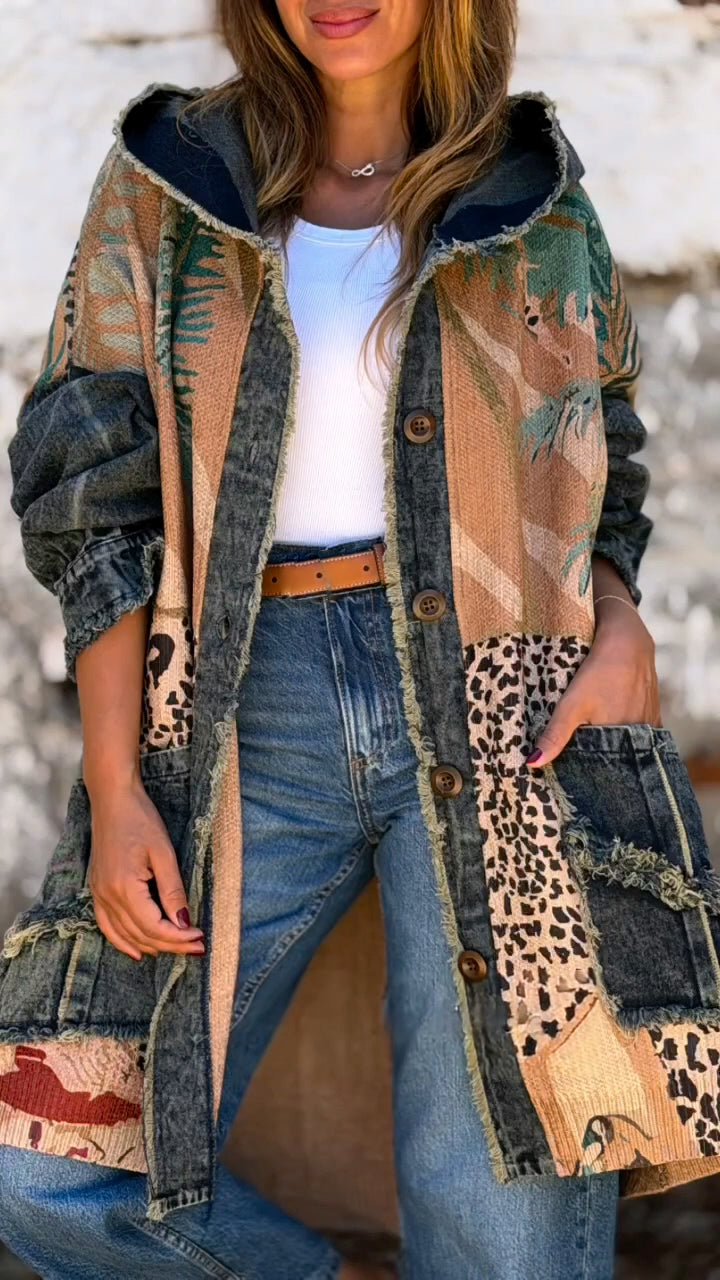 Women Hooded Printed Patchwork Denim Casual Coat