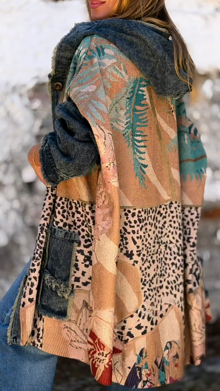 Women Hooded Printed Patchwork Denim Casual Coat