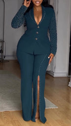Women Deep V-neck Nail Pearl Jacket+ Pants Temperament Commuting Suit