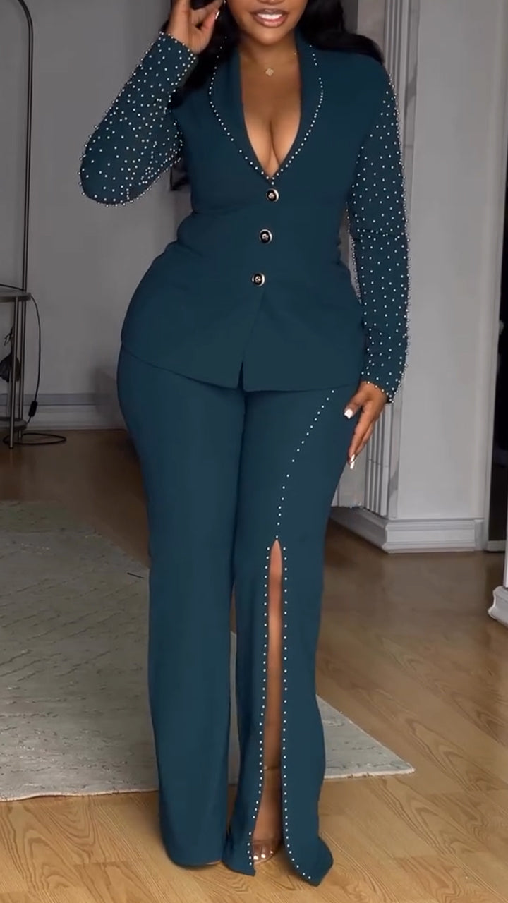 Women Deep V-neck Nail Pearl Jacket+ Pants Temperament Commuting Suit