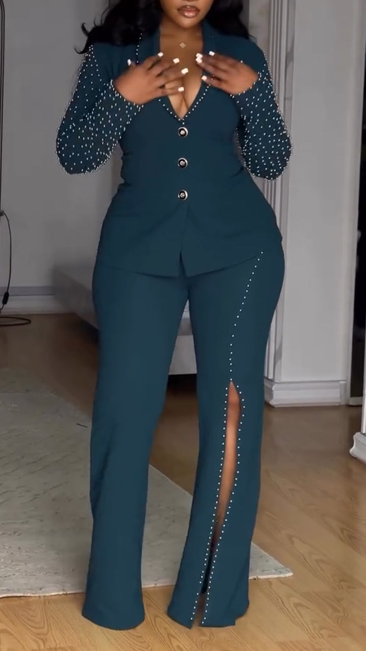 Women Deep V-neck Nail Pearl Jacket+ Pants Temperament Commuting Suit