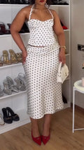 Women Neck Hanging Polka Dot Top + Half Skirt Sexy Casual Suit