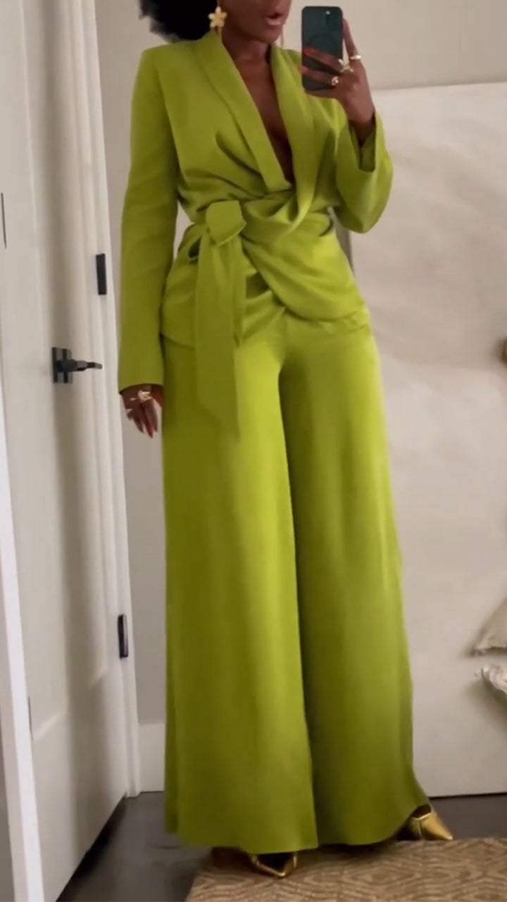 Women Collar Jacket+ Pants Solid Color Temperament Commuting Suit